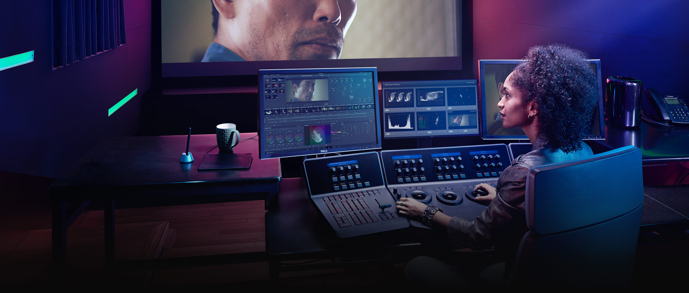 Colorist working in DaVinci Resolve