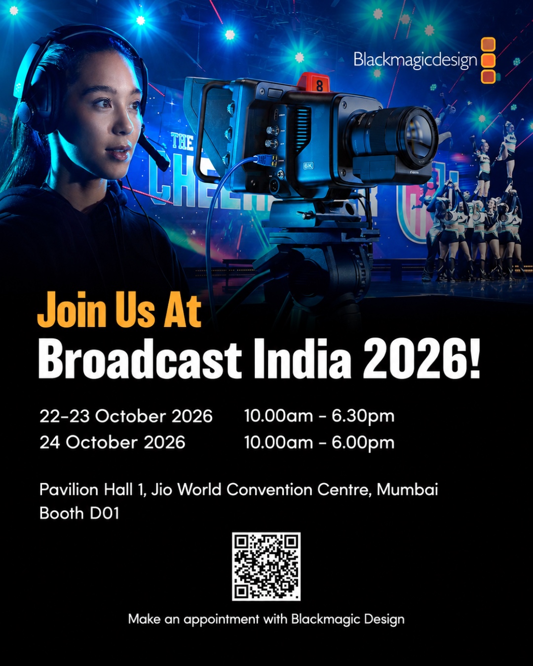 Blackmagic Design invitation to Broadcast India 2026 at Booth D01 in Mumbai