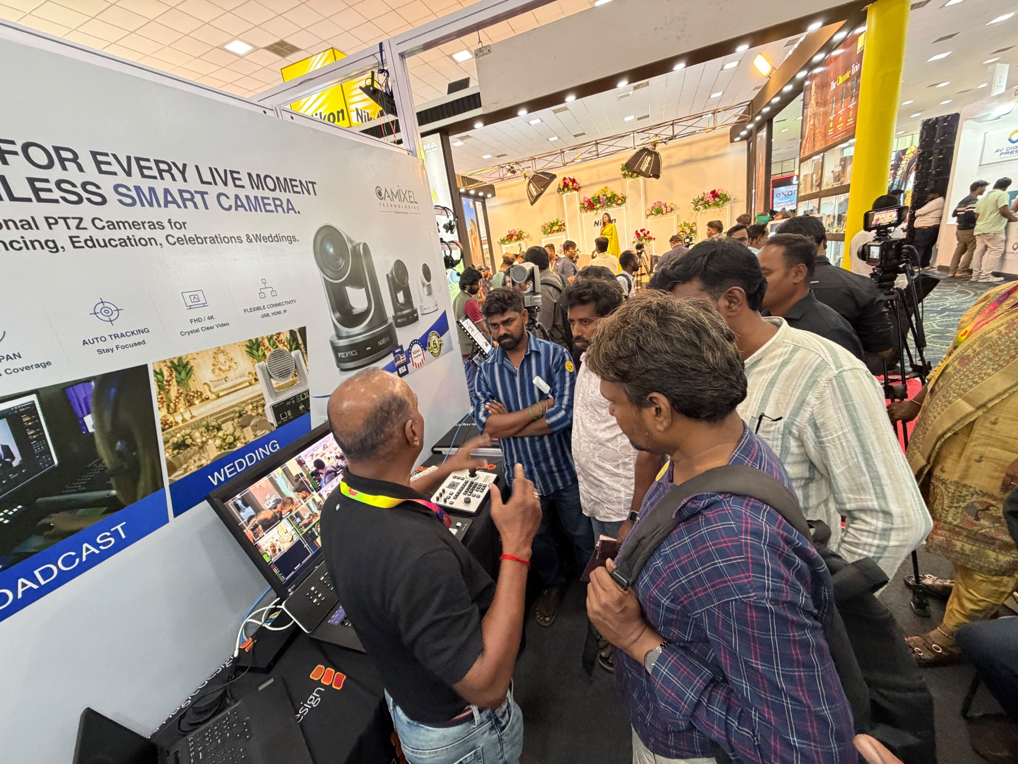 Visitors exploring Camixel cinema, PTZ and live production workflows at COVA Expo 2026